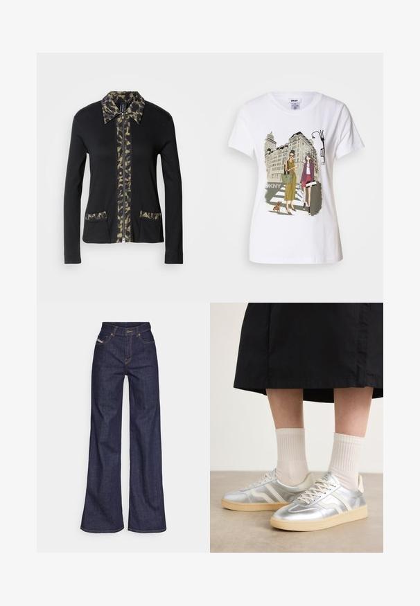 Black zip-up jacket with a camouflage-patterned collar and front panel, featuring two front pockets with matching details. Long sleeves.; White cotton T-shirt featuring a printed illustration of two women in urban fashion styles with a dog on a crosswalk and city buildings.; Dark blue wide-leg jeans in denim fabric with a high waist, featuring orange stitching, five-pocket design, and a button closure.; Silver synthetic sneakers with white stripes, cream sole, and textured surface; paired with light ribbed socks and a black skirt.