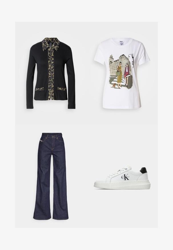 Veste zippée noire avec un col et un panneau avant à motif camouflage, dotée de deux poches avant avec des détails assortis. Manches longues.; T-shirt en coton blanc avec une illustration imprimée de deux femmes en styles de mode urbaine, accompagnées d'un chien sur un passage piéton, avec des bâtiments de la ville en arrière-plan.; Jeans ample bleu foncé en denim avec taille haute, ornés de surpiqûres orange, d'un design à cinq poches et d'une fermeture à bouton.; Baskets basses blanches avec un tab de talon noir, semelle plateforme, lacets et logo "CK" de Calvin Klein sur le côté.