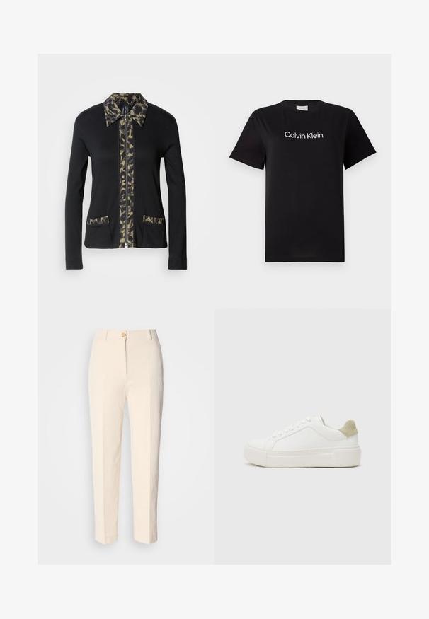 Zwarte zip-up jas met een kraag en voorpaneel in camouflagepatroon, voorzien van twee voorzakken met bijpassende details. Lange mouwen.; Zwarte katoenen t-shirt met korte mouwen, voorzien van een wit logo "Calvin Klein" dat over de borst is gedrukt. Klassiek rondhals ontwerp.; Crèmekleurige, hooggerocalde broeken van een gestructureerde stof. Voorzien van een sluiting met knoop aan de voorkant en taps toelopende pijpen.; Witte sneaker met een glad leren bovenwerk, lichtgrijze suède hielaccent en een stevige witte rubberen zool. Voorzien van een vetersluiting.