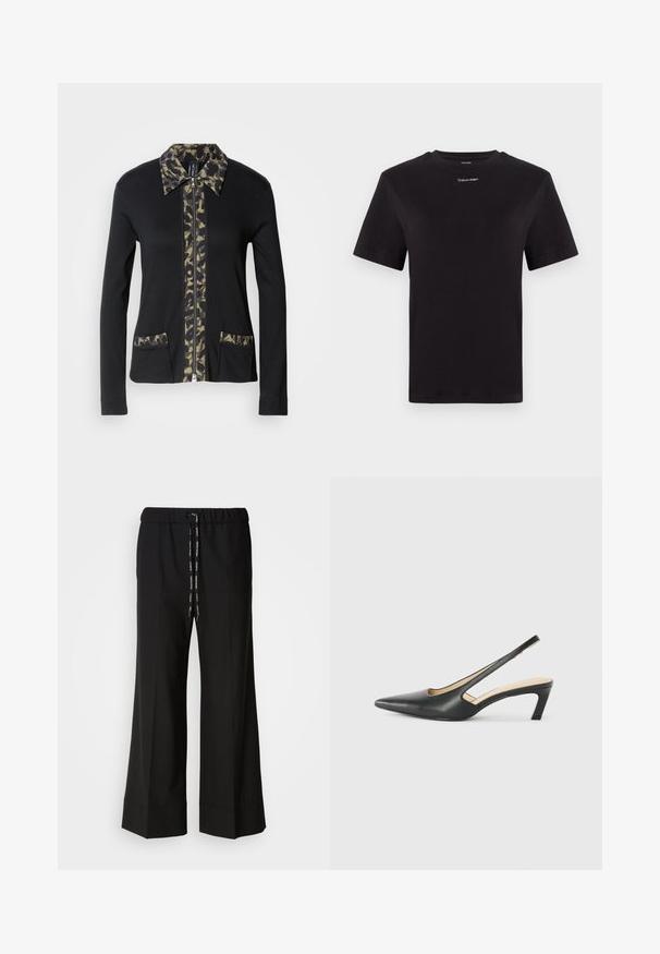 Melna jaka ar rāvējslēdzēju un armijas kamuflāžas raksta apkakli un priekšējo paneli, ar divām priekšējām kabatām, kurām ir saskaņoti detaļas. Garas piedurknes.; Melna kokvilnas T-kreklu ar īsām piedurknēm, apaļu kakla izgriezumu un nelielu baltu "Calvin Klein" logotipu krūtīs. Gluda tekstūra, klasiskā piegriezuma.; Melnas, platas kājas bikses ar elastīgu jostu un melnu auklu. Izgatavotas no gludas auduma bez redzamām rakstu vai metāla detaļām.; Melna, ar smailu purngalu, slingback kurpe ar zemu papēdi, izgatavota no gludas ādas materiāla un ar izgriezumiem sānos gaisa caurlaidībai.