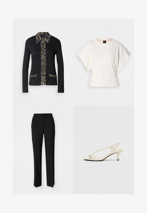 Black zip-up jacket with a camouflage-patterned collar and front panel, featuring two front pockets with matching details. Long sleeves.; White cropped T-shirt, short wide sleeves, soft cotton material, round neckline with subtle orange trim, minimal design, no patterns or graphics.; Black tailored trousers with a straight-leg design, featuring a smooth texture and crisp creases along the front. No visible hardware.; Beige block-heeled sandals with thin straps and a square toe. Smooth material with minimal detailing, designed for easy wear.