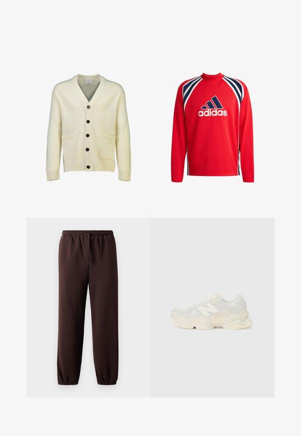 Elfenbensfärgad stickad cardigan med V-hals, ribbade ärmmuddar och två framfickor. Har fem svarta knappar framtill. Mjuk textur.; Röd långärmad sporttröja med mesh-textur, navyblå och vita randiga detaljer samt en central svart Adidas-logotyp.; Bruna joggingbyxor med dragsko i midjan, elastiska muddar och slätt bomullsmaterial. Har en avslappnad passform och en minimalistisk design.; Lättviktig sneaker med en ovandel av mesh och mocka i mjuka krämfärger, med en rejäl sula och tredimensionella detaljer.