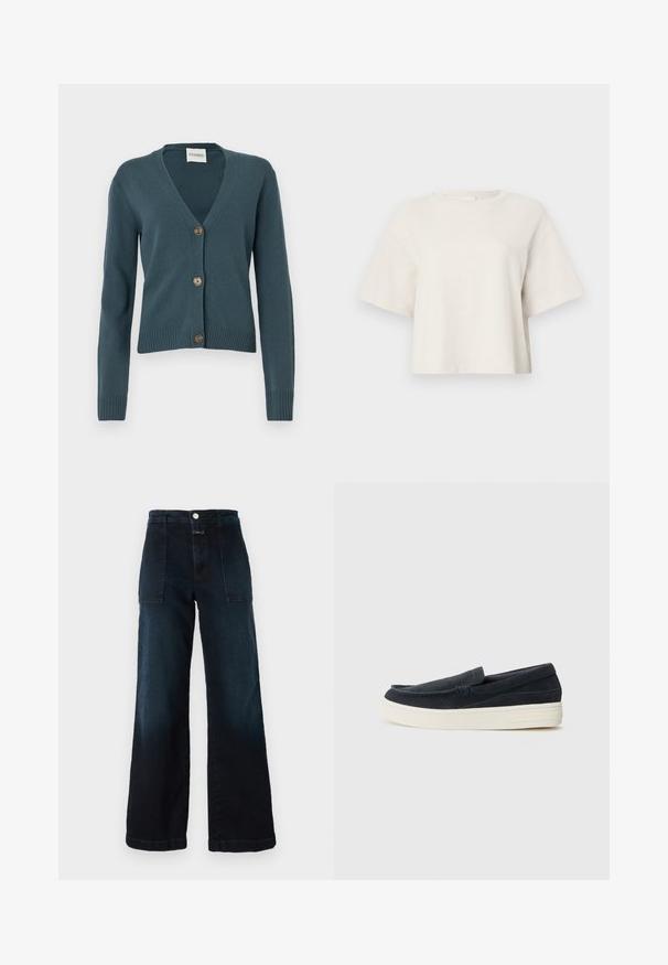 V-Ausschnitt-Cardigan aus dunkelblauem Strick mit langen Ärmeln, Knopfverschluss vorne und geripptem Saum. Verfügt über vier braune Knöpfe zum Verschließen.; Cremfarbener, gekürzter T-Shirt aus Rippstoff, mit rundem Ausschnitt und kurzen Ärmeln in lockerer Passform.; Dunkelblaue weit geschnittene Jeans aus Denim mit hoher Taille, Fronttaschen und einem vorderen Knopfverschluss. Glatte Textur mit leichtem Verblassen.; Marineblaue Wildlederschlappen mit runder Zehenpartie, kontrastierender weißer Gummisohle und minimalen Nähdetails entlang der Nähte.