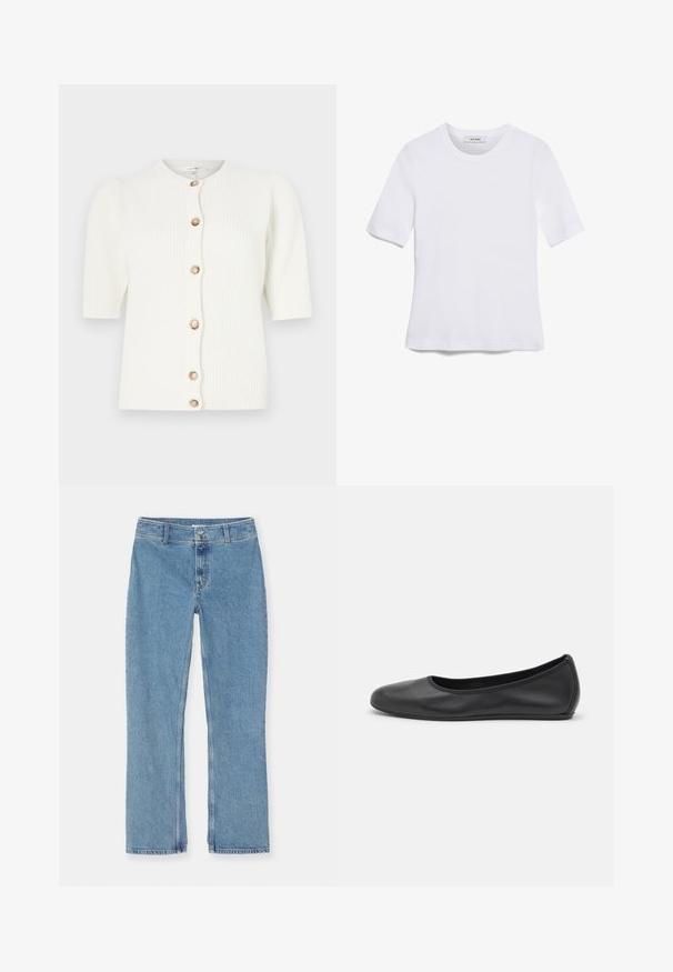 Weißer gerippter Strickcardigan mit kurzen Ärmeln und rundem Halsausschnitt, der mit sechs cremefarbenen Knöpfen an der Vorderseite geschlossen wird.; Weißes kurzärmliges T-Shirt aus geripptem Stoff. Runder Halsausschnitt, normale Passform und dezente Nähte. Keine Muster oder Grafiken.; Helle blaue gerade geschnittene Jeans aus Denim mit Knopf- und Reißverschluss, Gürtelschlaufen und Standardnähten auf weißem Hintergrund.; Schwarze Leder-Ballettschuhe mit abgerundeter Spitze, glatter Textur, minimalen Nähdetails und einem flexiblen Sohlen-Design.