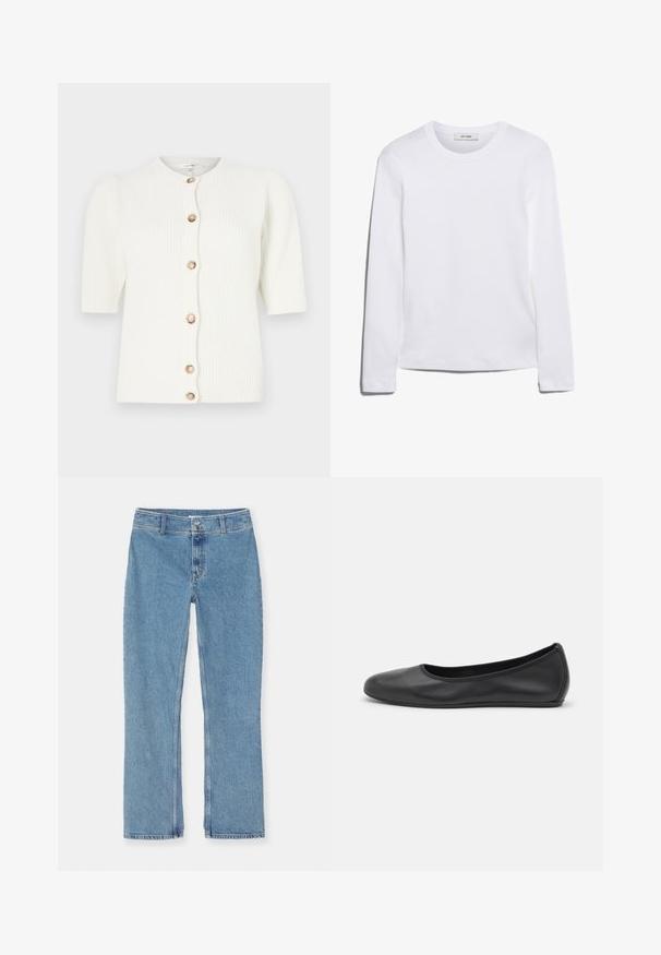White ribbed knitted cardigan, featuring short sleeves and a round neckline, fastened with six cream-colored buttons along the front.; Long-sleeve white T-shirt made of ribbed cotton, featuring a round neckline and a straight hem. Simple design with no patterns or accents.; Light blue straight-leg denim jeans with button and zipper closure, belt loops, and standard stitching on a white background.; Black leather ballet flat with a rounded toe, smooth texture, minimal stitching detail, and a flexible sole design.