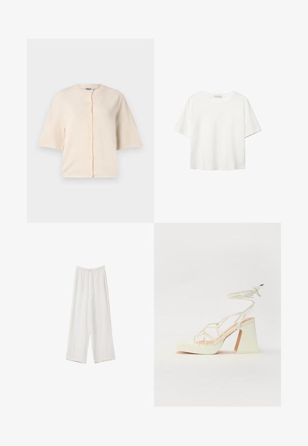 Bež kratki kardigan s kratkimi rokavi, izdelan iz mehkega blaga, z okroglo ovratnico in gumbom spredaj, z sproščenim krojem.; Bela kratka majica s kratkimi rokavi iz bombaža. Ima okroglo izrezovanje in sproščen kroj. Gladka tekstura brez vidnih vzorcev ali poudarkov.; Bele široke hlače iz lahkega materiala. Imajo elastičen pas s vrvico in stranske žepe. Gladka tekstura.; Bela sandala na visokih petah s debelim petam, ki ima obliko trakcev in vezanje okoli gležnja. Gladka tekstura z platformo spredaj za dodatno višino.