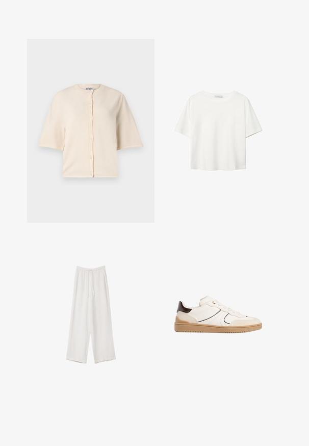 Lyhythihainen beige kardigan, joka on valmistettu pehmeästä kankaasta, pyöreä pääntie ja napitus edessä, rento istuvuus.; Valkoinen lyhythihainen T-paita, joka on tehty puuvillasta. Siinä on pyöreä kaula-aukko ja rento malli. Silkkinen pinta ilman näkyviä kuvioita tai koristeita.; Valkoiset leveälahkeiset housut kevyestä kankaasta. Ominaisuuksiin kuuluu elastinen vyötärö, jossa on nauhakuuluma ja sivutaskut. Sileä rakenne.; Stradivarius Matalavartiset tennarit - white