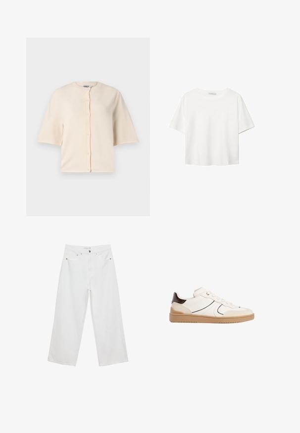 Cardigan beige à manches courtes fabriqué en tissu doux, doté d'un col rond et d'une fermeture à boutons sur le devant, avec une coupe décontractée.; T-shirt blanc à manches courtes en coton. Doté d'un col ras du cou et d'une coupe décontractée. Texture lisse sans motifs ni accents visibles.; Jean large blanc en denim avec taille haute, comportant cinq poches et des accents en métal. Texture lisse, sans motifs visibles.; Stradivarius Baskets basses - white