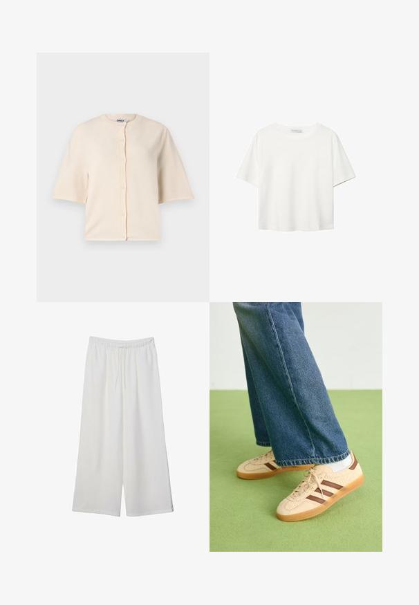 Bež kardigan s kratkim rukavima napravljen od mekanog materijala, s okruglim izrezom i kopčanjem na dugmadima sprijeda, s ležernim krojem.; Bijela majica kratkih rukava od pamuka. Ima okrugli izrez i opušteni kroj. Glatka tekstura bez vidljivih uzoraka ili naglasaka.; Bijele hlače širokog kroja izrađene od lagane tkanine, s elastičnim pojasom i vezicom za prilagodljivu veličinu. Glatka tekstura.; Bež tenisice s teksturiranim kremastim panelima i smeškim prugama, u kombinaciji s plavim trapericama. Traperice imaju široke nogavice i poderane rubove.