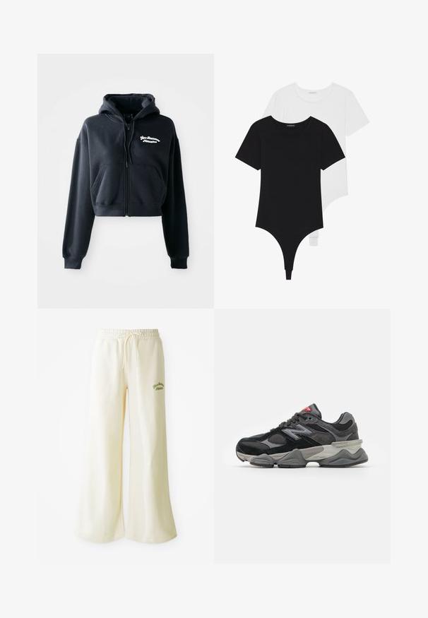 Svart cropped hettegenser laget av myk stoff, med glidelås foran, to frontlommer og hvit brodert tekst på venstre bryst.; Svarte og hvite kortermede bodysuits med runde krager og thong-bunner, laget av glatt, elastisk stoff.; Kremfargede, vide joggebukser med elastisk midje og justerbar snøring. Brodert grønn "Athletic"-tekst på forsiden. Mykt stoff.; Svarte og grå joggesko med en blanding av semsket skinn og mesh-materialer, tykk såle, fremtredende logo, og rød detalj på tungen.