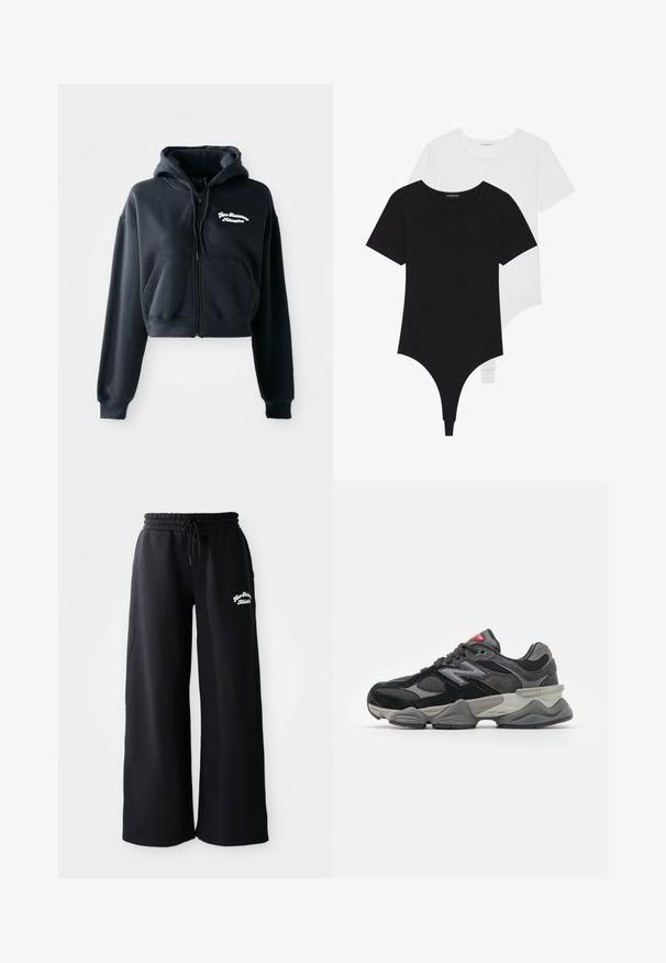 Hoodie cropped nero realizzato in tessuto morbido, con zip frontale, due tasche frontali e testo ricamato bianco sul petto sinistro.; Body aderenti dalla manica corta in bianco e nero con scolli rotondi e fondo a perizoma, realizzati in un tessuto liscio e elastico.; Pantaloni della tuta larghi neri con vita regolabile. Presentano un testo ricamato sul lato sinistro, realizzati in un morbido materiale misto cotone.; Sneaker nera e grigia con un mix di materiali in suede e mesh, suola spessa, logo prominente e accento rosso sulla linguetta.