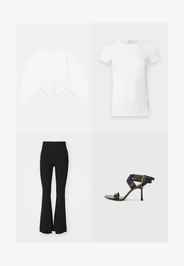 Biely skrátený cardigan vyrobený z rebrovanej látky, so hlbokým výstrihom do V, zapínaním na gombíky a balónovými rukávmi s textúrovaným detailom.; Biela rebrovaná tričko s krátkym rukávom a okrúhlym výstrihom. Tkanina vyzerá hladko s priliehavým strihom. Značková etiketa je viditeľná na golieri.; Čierne vyšívané nohavice vyrobené z elastického materiálu, s vysokým pásom a hladkým, nezdobeným povrchom. Jednoduchý a priliehavý dizajn.; Čierne sandále na podpätku s prekríženými popruhmi a nastaviteľnou prackou. Majú hladkú textúru a zúžený stiletto podpätok.