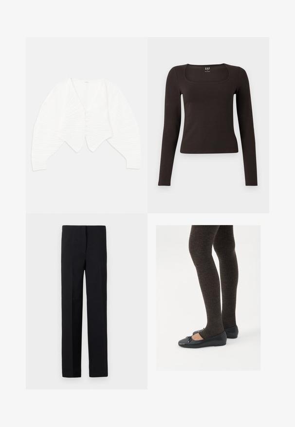 Balta īsā kardigāna josta, izgatavota no ribotās auduma, ar dziļu V formas kakla izgriezumu, pogu aizdari un puff sleeves ar teksturētu apdari.; Melnas garās piedurknes, pieguļošs tops ar kvadrātveida apkakli, ar uzrakstu GAP, novietots uz baltā fona.; Melnas šuves bikses ar taisnu griezumu, ar gludu tekstūru un bez redzamām apdrukām. Standarta jostasvieta un tīrs apdare.; Melnas plakano formas kurpes ar mazu loku uz pirksta, apvienotas ar tumši brūnām ribotām zeķubiksēm. Kurpēm ir gluda tekstūra un zems profils.