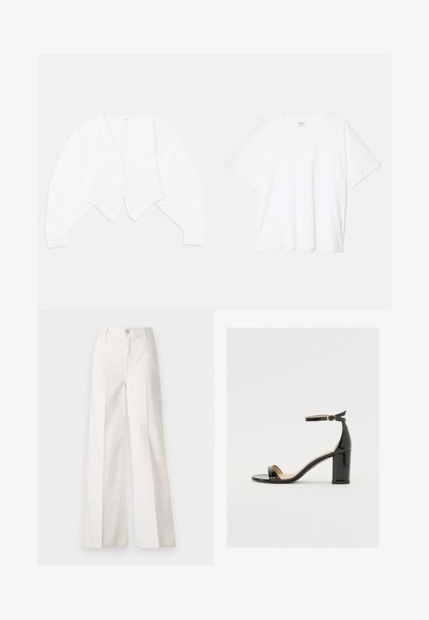 Cardigan branco cropped feito de tecido canelado, com um decote em V profundo, fecho frontal com botões e mangas bufantes com detalhes texturizados.; T-shirt de algodão branco com mangas curtas, decote redondo, corte descontraído e bainha cosida. Etiqueta visível no interior do pescoço.; Calças largas brancas feitas de algodão com uma textura suave. Apresenta um botão frontal, fecho de correr e um design de quatro bolsos.; Sandal de pele sintética preta com salto largo, ponta aberta e tira no tornozelo com fivela dourada. Textura suave e design elegante.