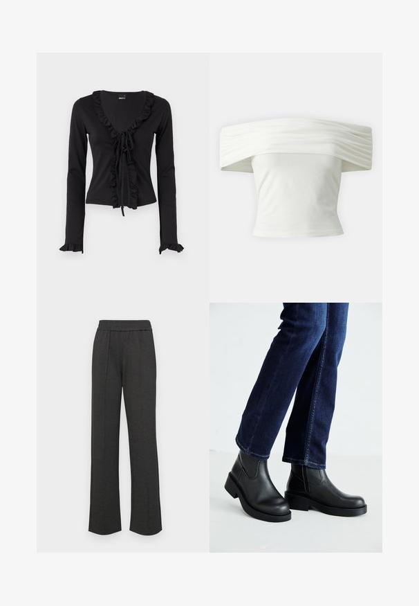 Gina Tricot FRILL - Cardigan - black; Off-shoulder hvit topp med plisserte, strukturerte ermer og tettsittende liv. Laget av mykt stoff med en jevn tekstur.; Svart rette bukser med elastisk liv, frontfolder, myk stoff, og uten synlige mønstre eller maskinvare detaljer.; Sorte lær ankelsko med en kraftig såle og elastiske paneler på siden, kombinert med mørkeblå jeans. Underlaget er lyst.