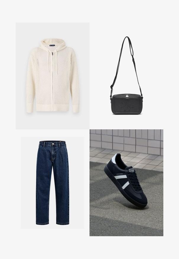 Világos krémszínű kötött kapucnis pulóver cipzárral, nyitott hálós mintával, bordás mandzsettákkal és aljjal, valamint állítható húzózsinórral a kapucnin.; Krém színű, pamut póló rövid ujjakkal és kerek nyakú kivágással. Kék és piros grafikával, szöveggel és motívummal díszített.; Sötétkék farmernadrág egyenes szabással. Jellemzői a látható varrás, gombos záródás és elülső redők a további részletekért.; Fekete bőr sportcipő fehér csíkokkal, textúrált gumitalppal és fűzős elejével. A nyelvén márkás címke található.; Fekete bőrből készült keresztbe hordható táska cipzáras záródással, dombornyomott logóval az elején és állítható pánttal. Simább textúrájú, téglalap alakú.