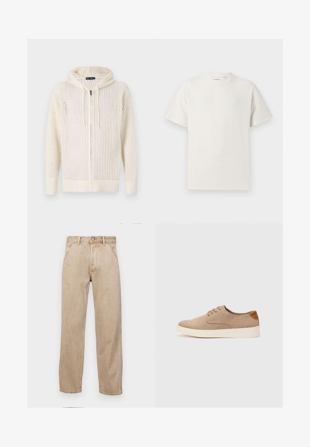 Šviesiai kreminis megztukas su užtrauktuku, turintis atvirą tinklinį raštą, ribotus rankogalius ir apatinę dalį, taip pat reguliuojamus raištelius ant kepurės.; Balta trumpa rankovė T-polo marškinėlių su juostelėmis tekstūra. Apvalus iškirpimas, laisvas fasonas, jokių matomų raštų ar akcentų. Paprastas ir universalus dizainas.; Smėlio spalvos džinsai su tiesia kojų siluetu, turintys priekinę kišenę, metalinį mygtuką ir subtilią tekstūrą.; Bežiniai zomšiniai sportbačiai su apvaliomis pirštų dalimis, raišteliais priekyje ir tekstūruotu užkulniu. Balta guma suteikia kontrastą. Paprastas ir modernus dizainas.