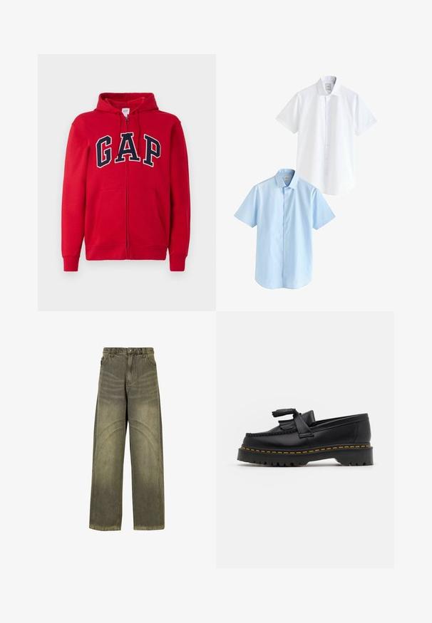 Sudadera con cremallera roja de algodón, con un prominente logo en color marino "GAP" en el pecho, con capucha y bolsillos frontales.; Dos camisas de manga corta: una blanca y una azul clara. Ambas tienen un botón en el frente, cuello con solapa, tejido de algodón suave y corte estándar.; Jeans de pierna ancha en denim verde oliva, con acentos de costura curvada, cierre clásico de botón y un acabado desgastado.; Mocasín de cuero negro con un acento de borlas, que presenta una suela gruesa negra y costuras amarillas a lo largo del borde. Acabado texturizado.