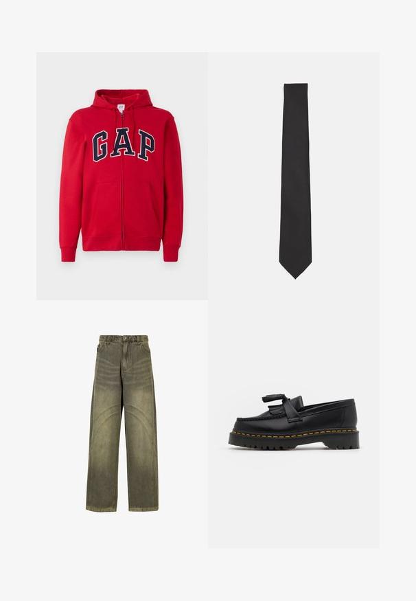 Červená mikina so zipsom vyrobená z bavlny, s výrazným námorníckym logom "GAP" na hrudi, s kapucňou a prednými vreckami.; Dvoje tričiek s krátkym rukávom: jedno biele a jedno svetlo modré. Obe majú tlačnú prednú časť, golier, hladkú bavlnenú tkaninu a štandardný strih.; Džíny s širokými nohavicami v olivovo zelenej džínsovine, s výraznými prešitými švami, klasickým gombíkovým zapínaním a so vyblednutým povrchom.; Čierne kožené loafre s detailom na strapcoch, s masívnou čiernou podrážkou a žltým prešitím pozdĺž okraja. S textúrovaným povrchom.; Čierna kravata z hladkej tkaniny, s úzkym, predĺženým tvarom a špicatým koncom, bez viditeľných vzorov alebo akcentov.