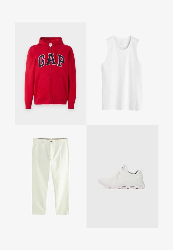 Crvena dukserica na zatvaranje od pamuka, s istaknutim mornarsko plavim "GAP" logotipom na prsima, kapuljačom i prednjim džepovima.; Bijela bezrukava majica od pamuka. Ima okrugli izrez i ravni rez s regularnim krojem, bez uzoraka ili ukrasa.; Bijele pamučne hlače ravnog kroja s dva prednja džepa i kopčanjem s gumbima sprijeda. Glatka tekstura s ležernim stilom.; Bijele atletske tenisice s gornjim dijelom od teksturiranog pletenog materijala, ravnim vezicama i jastučićem u potplatu s vidljivim zračnim komorama radi dodatne potpore.