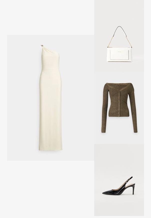 Õlavarrelt kukkuv, pikkade varrukatega kardigan metallilise oliivrohelise kudumisega, millel on nööbid ees ja sooniktekstuur. Sale lõige, mis omab õrna sära.; Vormile ühekohaline kreemjas kangast kleit. Volangidega ülaosa kerge läikega ja dekoratiivne riistvara õlal. Põrandapikk.; Must hõbedavärvi patendiga slingback kontsakingad terava varbaga, kitsas konts ja peene lõikega disain. Statistika on kuldne pandla rihmal.; Valge nahast kott tekstureeritud viimistlusega, millel on kuldne kettling ja mustad aktsendid. Include eesmine tasku ja tõmblukk.