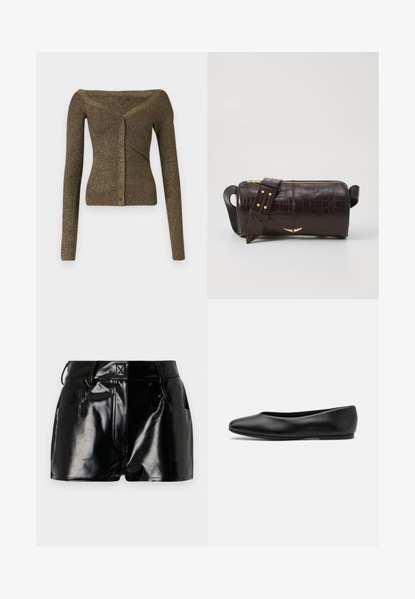 Off-Shoulder, langärmeliger Cardigan aus metallisch olivgrünem Strick, mit Knopfleiste und gerippter Textur. Schmale Passform mit subtiler Schimmer.; Weiße Langarmbluse aus Baumwolle mit Stehkragen, Bindeband und gerafften Ärmelbündchen. Glatte Textur und minimalistisches Design.; Schwarze, glänzende Shorts aus synthetischem Material. Mit einem taillierten Bund, Gürtelschlaufen und vorderen Taschen mit auffälligen Nähdetails.; Paul Smith TOPANGA - Klassischer Ballerina - black; Braune, krokodilgeprägte Lederhandtasche mit zylindrischer Form, goldfarbener Hardware und einem abnehmbaren Tragegurt mit Nieten.