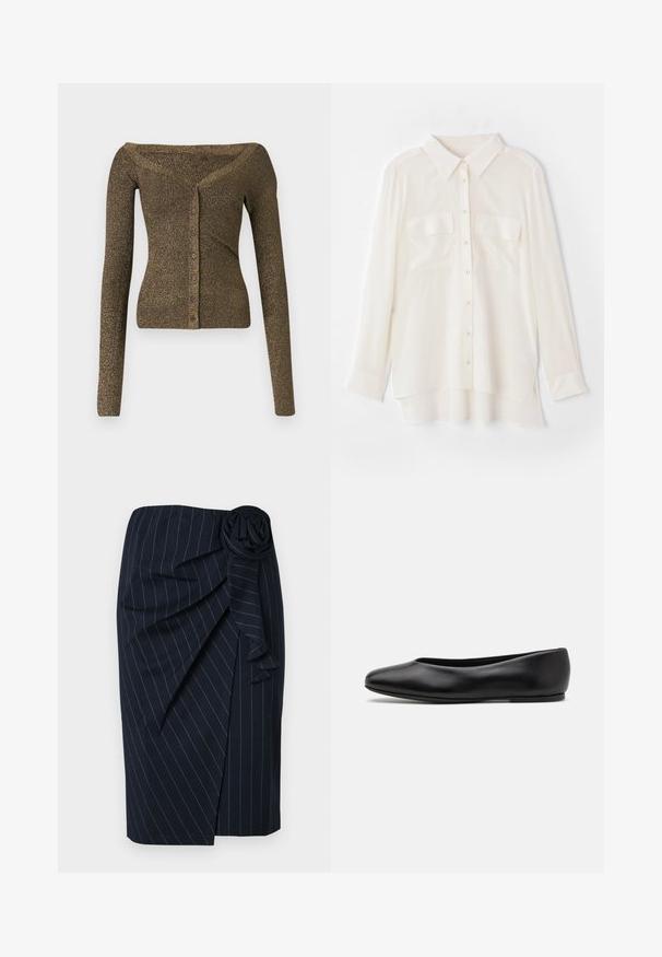 Cardigan de punto en verde oliva metálico, con mangas largas y caída por los hombros, que presenta un cierre de botones y una textura acanalada. Corte ajustado con un ligero brillo.; Camisa blanca con botones, hecha de tejido ligero. Cuenta con un cuello clásico, dos bolsillos en el pecho y un dobladillo trasero ligeramente más largo.; Falda azul marino hasta la rodilla con rayas blancas, diseño envolvente y un detalle de roseta de tela en la cintura.; Paul Smith TOPANGA - Bailarinas - black