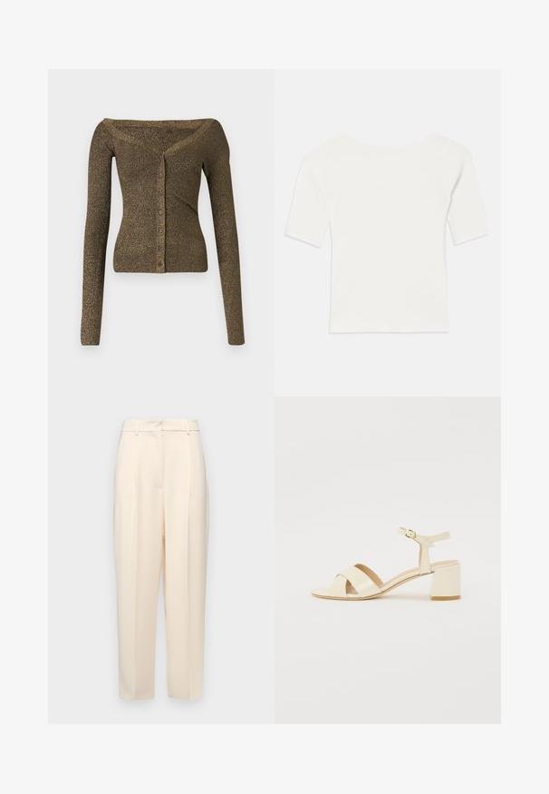 Cardigan de punto en verde oliva metálico, con mangas largas y caída por los hombros, que presenta un cierre de botones y una textura acanalada. Corte ajustado con un ligero brillo.; Top blanco de manga corta acanalado con un escote amplio. La textura presenta rayas verticales, enfatizando un ajuste ceñido y un diseño sencillo.; Pantalones de tela en beige, con un corte recto, que presentan pliegues en la parte delantera, una textura suave y una cintura de altura media. Sin bolsillos visibles.; Sandalias de tacón de charol beige con diseño de tira cruzada, puntera abierta, correa ajustable en el tobillo y tacón cuadrado. Textura suave.