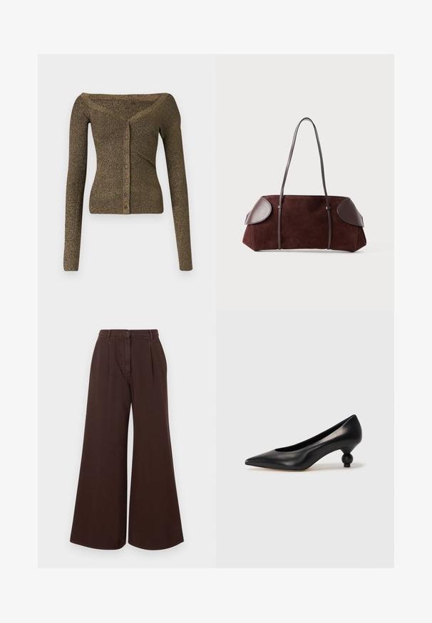 Off-Shoulder, langärmeliger Cardigan aus metallisch olivgrünem Strick, mit Knopfleiste und gerippter Textur. Schmale Passform mit subtiler Schimmer.; Weißes kurzärmliges Strickoberteil mit rundem Halsausschnitt, das eine glatte Textur und subtile Rippakzente an den Ärmeln und dem Saum aufweist.; Hochtaillierte, weit geschnittene, braune Hose mit Knopf- und Reißverschluss, Gürtelschlaufen und frontalen Falten.; Schwarze Leder-Pumps mit spitzem Zehenbereich und runder, ballförmiger Ferse. Glatte Textur mit einem eleganten, minimalistischen Design.; Braune Wildledertasche mit Lederakzenten, strukturiertem Design, doppelten Schulterriemen und abgerundeten Kanten, ausgestattet mit einer glatten Textur und minimalem Hardware.