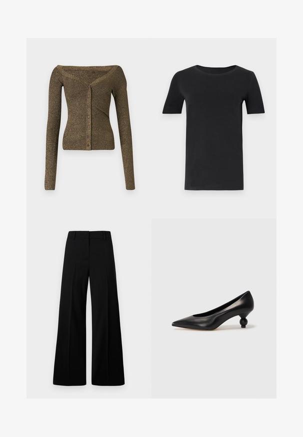 Off-the-shoulder, long-sleeve cardigan in metallic olive green knit, featuring a button front and ribbed texture. Slim fit with subtle shimmer.; Black short-sleeve t-shirt made of soft cotton, with a round neckline and a classic fit. Smooth texture, no patterns or embellishments.; Black wide-leg trousers featuring a smooth texture, structured waistband, and front pleats. Minimalist design with no visible hardware.; Black leather high heel shoe with a pointed toe and a round, balled heel. Smooth texture with a sleek, minimal design.