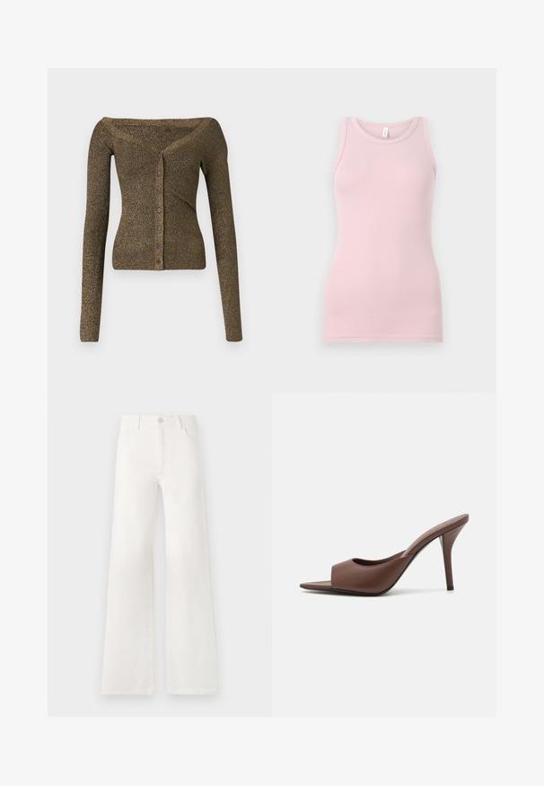 Cardigã de malha verde oliva metálico, com mangas compridas e decote à mostra, apresentando fecho de botão e textura canelada. Ajuste slim com um brilho subtil.; Top de alças rosa claro feito de um tecido macio e elástico. Apresenta um decote redondo e alças finas, com uma textura suave e um corte justo.; Jeans brancos, de cintura alta e pernas largas, feitos de denim. Apresentam um fecho de botão, dois bolsos frontais e costuras detalhadas nas laterais.; Mules de salto alto abertas, em couro castanho, com um design elegante, apresentando uma larga tira na parte da frente e um esbelto salto agulha.
