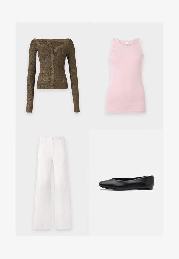 Cardigã de malha verde oliva metálico, com mangas compridas e decote à mostra, apresentando fecho de botão e textura canelada. Ajuste slim com um brilho subtil.; Top de alças rosa claro feito de um tecido macio e elástico. Apresenta um decote redondo e alças finas, com uma textura suave e um corte justo.; Jeans brancos, de cintura alta e pernas largas, feitos de denim. Apresentam um fecho de botão, dois bolsos frontais e costuras detalhadas nas laterais.; Paul Smith TOPANGA - Sabrinas - black