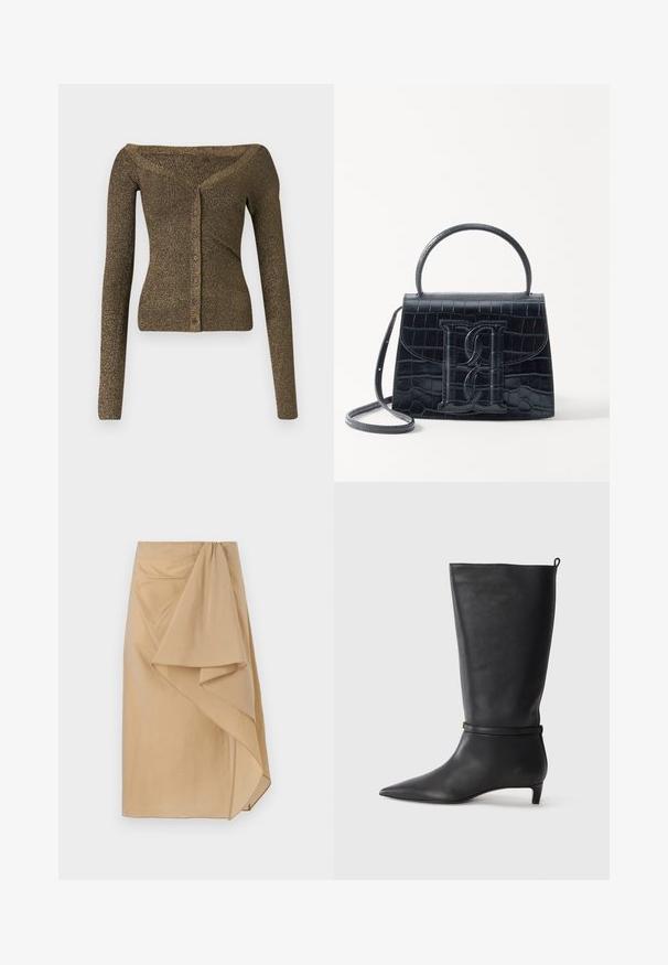 Pleaš, garās piedurknes kardigāns izgatavots no metāliska olīvu zaļā dzijas, ar pogu priekšpusi un ribotu tekstūru. Šaurs piegriezums ar smalku mirdzumu.; Melna ribota tanka ikdienas krekla augšdaļa ar apaļu izgriezumu un balto izšūto logo. Audumam ir gluda tekstūra un pieguļoša forma.; Beigha apakšsvārki vieglā audumā ar asimetrisku drapējumu, ar savilktu jostasvietu un gludu tekstūru. Bez redzamām aizdariem.; Melnas ādas līdz ceļiem stīgas ar norādītu purngalu, akcentētas ar apaļu siksnu ap potīti un zemu, sašaurinātu papēdi. Gluda tekstūra.; Melnas krokodila rakstā izgatavota ādas rokassoma ar strukturētu dizainu, augšējo rokturi, regulējamu siksnu un izteiktu priekšējo logotipa detaļu.