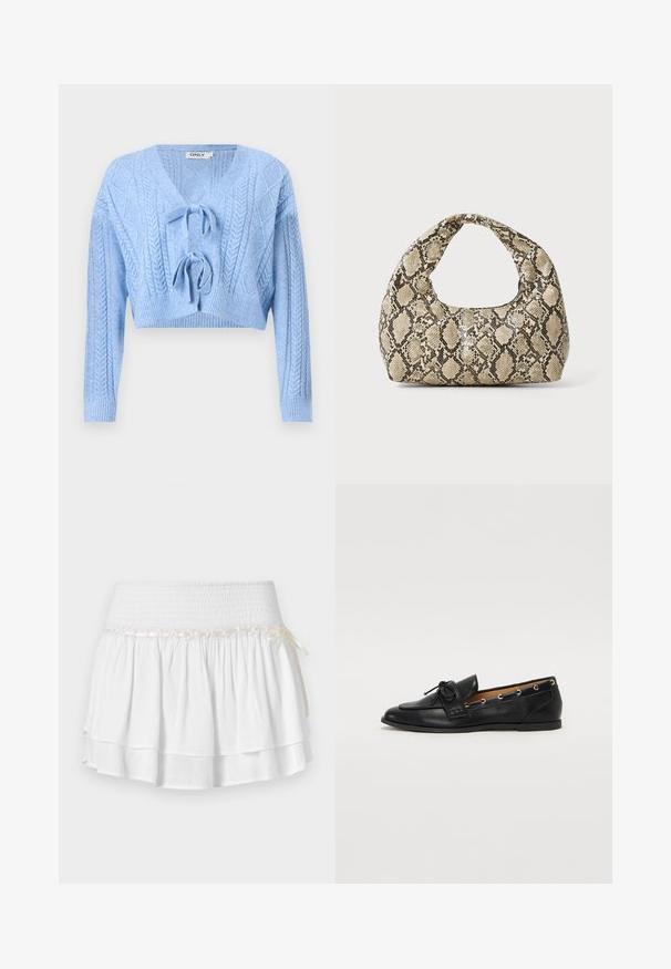 Light blue cropped sweater with cable knit pattern, V-neckline, and tie closure at the front. Ribbed cuffs and hem. Soft texture.; White blouse with short ruffled sleeves, featuring a round neckline and decorative lace trim at the chest. Dotted texture throughout.; White tiered skirt with an elastic waistband, featuring a textured smocking detail and a decorative ribbon accent. Cotton fabric.; Black leather loafers with a tied bow, featuring gold eyelet accents along the sides and a flat rubber sole. Smooth texture, classic design.; Snake-print handbag with a curved handle. Made from textured, beige and brown materials, featuring a distinctive diamond pattern.