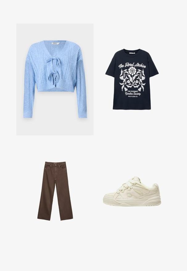 Maglione cropped azzurro chiaro con motivo a treccia, scollatura a V e chiusura a laccio davanti. Polsini e orlo a coste. Texture morbida.; T-shirt blu marina a manica corta con grafica floreale bianca e testo che recita "L'Archivio Floreale", "La Società del Giardino Evermist" e "Wild Flora Co."; Jeans a gamba larga marroni in denim, con vita alta, tasche anteriori e chiusura a bottone classica. Tessuto liscio con cuciture sottili.; Sneakers beige con una toma superiore texture, lacci prominenti, pannelli in rete e una suola spessa. Design curvo con un collo imbottito per il comfort.