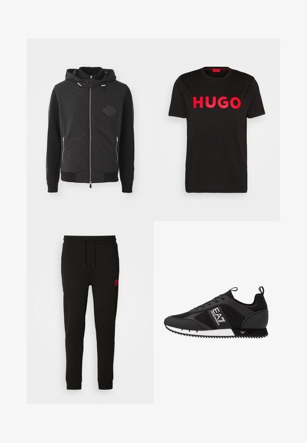 Chaqueta negra con cremallera en el frente, capucha, puños acanalados y cremalleras en los bolsillos. Presenta un logo de parche texturizado en el pecho y mangas de punto suave.; Camiseta de algodón negra con el text bold rojo "HUGO" en la parte frontal, mangas cortas, cuello redondo y un corte relajado.; Pantalones de chándal negros hechos de tela suave, con cintura ajustable con cordón, corte slim y un parche de logo rojo en el muslo izquierdo.; EA7 Emporio Armani LACES UNISEX - Zapatillas - black/white