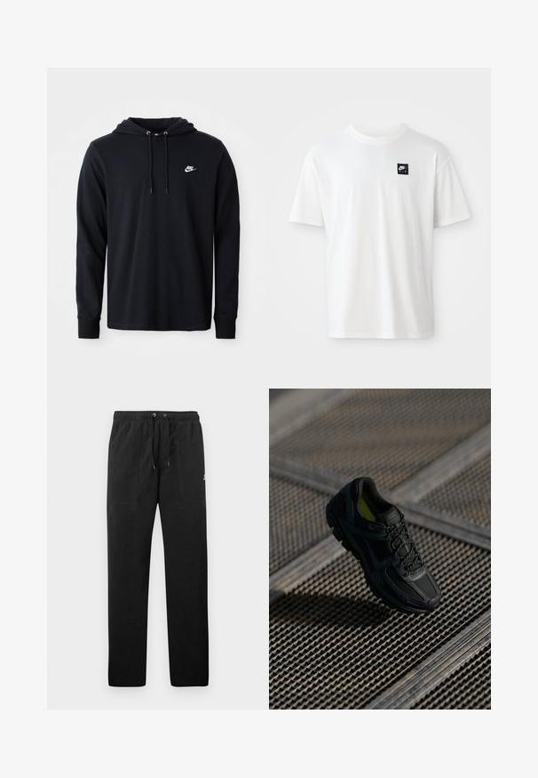 Svart langermet Nike hettegenser med snorhette og liten hvit Nike-logo på venstre bryst, vist på en enkel hvit bakgrunn.; Hvit bomull t-skjorte med korte ermer og rund hals; har en liten svart rektangulær Nike Air-logo på venstre bryst.; Sorte joggebukser laget av fleece, med elastisk liv med snøring, to frontlommer og en liten logo på låret.; Svart treningsko med mesh og syntetisk overdel, strukturert overflate, polstret såle og snøring. Livlige gule innvendige detaljer.