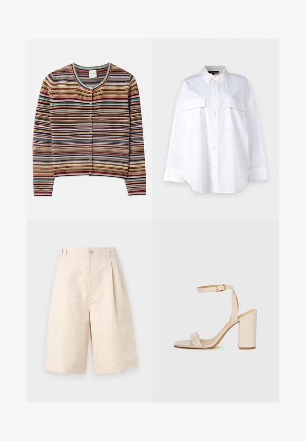 Csíkozott kardigán kerek nyakkal, piros, barna, türkiz és sárga vízszintes csíkokkal, öt elülső gombbal.; Fehér gombos ing, pamutból készült, klasszikus gallérral, két mellzsebével és hosszú ujjaival, amelyek mandzsettával rendelkeznek. Sima textúra.; Beige lenvászon rövidnadrág laza fitben, gombos zárással, plisszírozott kialakítással és térdig érő hosszúsággal. Sima textúra és egyszerű stílus.; Beige színű magassarkú szandál négyzet alakú orral, vékony bokapánttal és tömbsarkúval. Simas bőrfelület arany csattal díszítve.