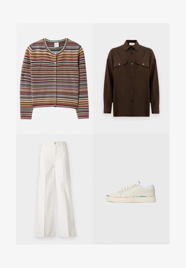 Cardigan a righe con colletto rotondo, caratterizzato da strisce orizzontali multicolori in rosso, marrone, verde acqua e giallo, e cinque bottoni frontali.; Camicia marrone scuro a maniche lunghe con bottoni, dotata di due tasche a pattina sul petto e colletto classico, mostrata su uno sfondo bianco uniforme.; Pantaloni bianchi a gamba larga realizzati in cotone con una texture liscia. Presentano un bottone anteriore, una zip e un design a quattro tasche.; Sneaker bassa color avorio con design a lacci, fodera interna bianca e sottile bordatura multicolore lungo il bordo della suola, vista laterale.