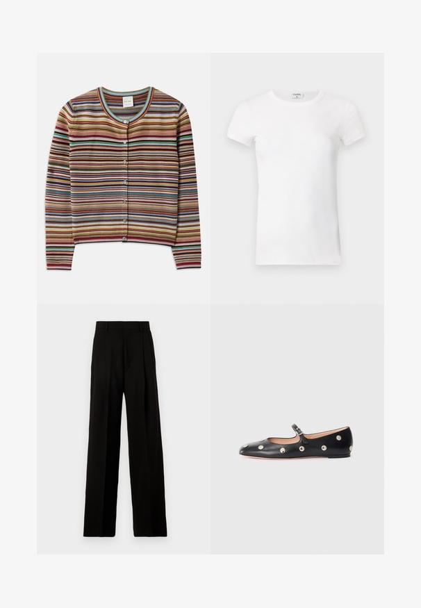 Striped cardigan with a round neck, featuring multicolored horizontal stripes in red, brown, teal, and yellow, and five front buttons.; White ribbed short-sleeve T-shirt with a crew neck. The fabric appears smooth with a fitted silhouette. Branding label visible at the collar.; Black wide-leg trousers made of smooth fabric, featuring a high waist, front pleats, and a clean, tailored design without embellishments.; Black leather Mary Jane flat shoe with a rounded toe, featuring silver circular studs and an adjustable strap with a buckle.