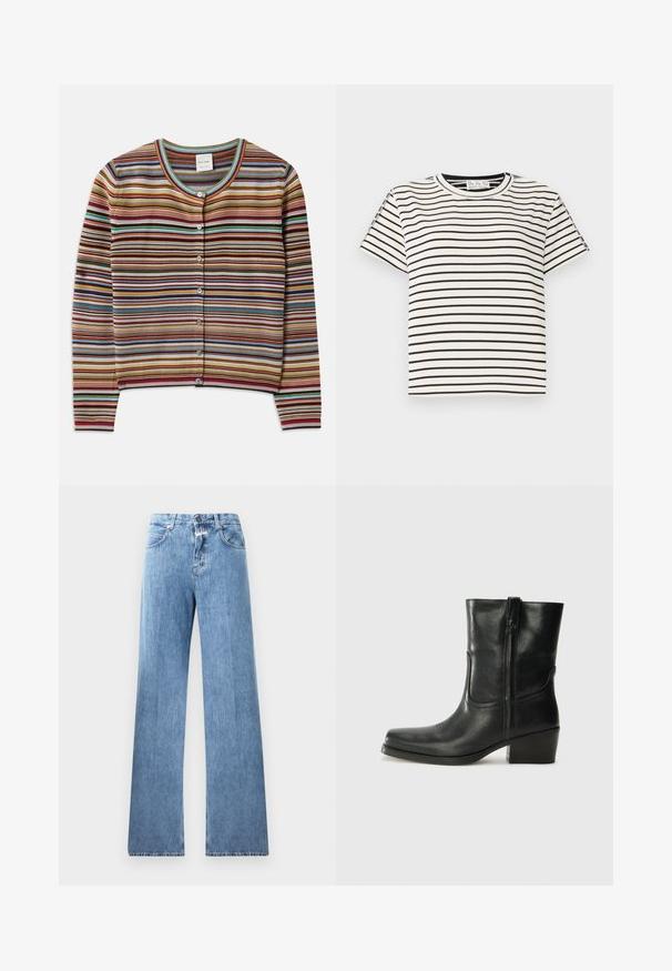Pruhovaný kardigan s okrúhlym výstrihom, ktorý má viacfarebné horizontálne pruhy v červenej, hnedej, tyrkysovej a žltej farbe, a päť predných gombíkov.; Bavlnené tričko s krátkym rukávom a okrúhlym výstrihom, s čiernymi vertikálnymi pruhmi na bielom pozadí a priamym strihom.; Svetlo modré denimové džínsy s širokým strihom, piatimi vreckami, pútkami na opasok a zapínaním na gombík. Tkanina má hladkú textúru.; Čierne kožené členkové topánky s okrúhlou špičkou, blokovým podpätkom, bočným zipsom a prešívaním na priehlavku. Hladká textúra, klasický dizajn.