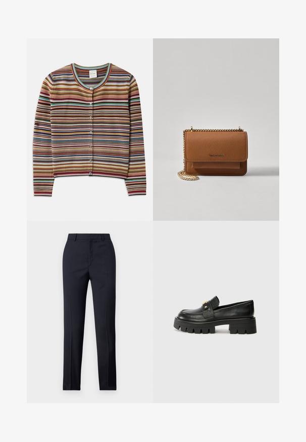 Pasučnata jopica s krožnim izrezom, ki prikazuje pisane horizontalne črte v rdeči, rjavi, teal in rumeni barvi, ter pet sprednjih gumbov.; Svijetloplava prugasta majica s kratkim rukavima, okruglim izrezom, rebrastom teksturom, s izmjeničnim tankim bijelim i plavim prugama.; Zadnje hlače v mornarično modri barvi s ravnim krojem, ki imajo gladko teksturo, dve sprednji žepki in čisto pasnico.; Črne usnjene loaferje z debelim podplatom, ki imajo zlatoten naglas na sprednji strani in gladko površino. Debela oblika profila na podplatu.; Rjava teksturirana usnjena torba čez ramo z zlatim verižnim trakom in zapiranjem na pokrov. Spredaj je vidna podrobnost logotipa in žep pod pokrovom.