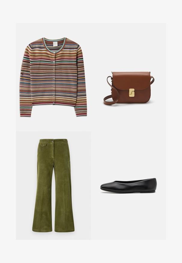 Gestreifter Cardigan mit Rundhalsausschnitt, der mehrfarbige horizontale Streifen in Rot, Braun, Teal und Gelb aufweist, sowie fünf vordere Knöpfe.; Weißes Baumwoll-T-Shirt mit kurzen Ärmeln, Rundhalsausschnitt und einem bunten "P.S. Smile"-Grafikdruck in gebogener Anordnung auf der Vorderseite.; Olivgrüne Cord-Flared-Hosen mit glatter Textur, seitlichen Taschen und einem vorderen Knopfverschluss. Vertikales Rippmuster über die gesamte Länge.; Paul Smith TOPANGA - Klassischer Ballerina - black; Braune Ledertasche mit Klappenverschluss, Beschlägen in Goldfarbe, einem Schultergurt und einer glatten Oberfläche. Kompakte rechteckige Form.