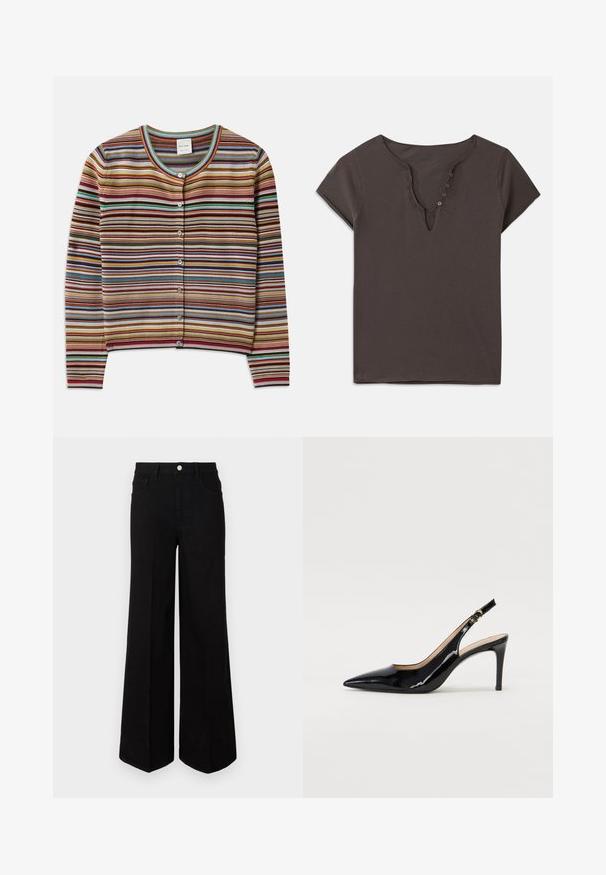 Striped cardigan with a round neck, featuring multicolored horizontal stripes in red, brown, teal, and yellow, and five front buttons.; Dark gray cotton t-shirt with a V-neckline, short sleeves, and a row of buttons down the front. Soft texture and casual design.; Black wide-leg jeans made of sturdy fabric, featuring a high waist, front pockets, and a front button closure. Flat hem at the bottom.; Black patent leather slingback pump with pointed toe, slim heel, and a subtle cutout design. Features a gold buckle on the strap.