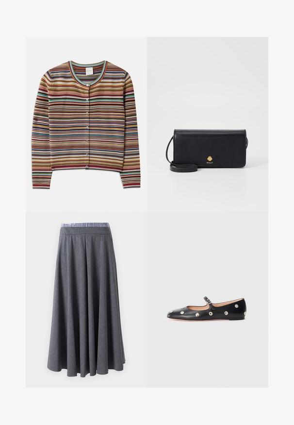 Cardigan în dungi cu guler rotund, prezentând dungi orizontale multicolore în roșu, maro, verde teal și galben, și cinci butoane frontale.; Top tank griș cu dungi, cu decolteu rotund și bretele late. Are o textură moale și un design care se formează pe corp. Eticheta mărcii este vizibilă.; Pantaloni cu talie înaltă, de culoare gri închis, cu croială largă și un model tartan subtil, cu un brâu în dungi albastre și albe, expuși suspendați pe un fundal alb.; Pantofii Mary Jane din piele neagră, cu vârful rotund, decorati cu nasturi circulari argintii și o curea ajustabilă cu cataramă.; Portofel din piele neagră cu o formă rectangulară subțire, având un logo auriu. Include o curea detașabilă pentru un plus de confort la purtare.