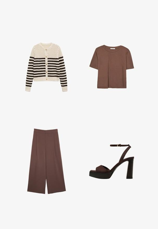 Gestrickte Cardigan in Creme mit dunkelbraunen Streifen, mit rundem Ausschnitt, Knopfverschluss und strukturiertem Stoff mit einem Häkelmuster.; Braunes, kurzärmliges T-Shirt aus weichem Material mit rundem Halsausschnitt und lockerer Passform. Keine sichtbaren Muster oder Akzente.; Braune Weite-Leg-Hosen mit einer glatten Textur, hoher Taille und Vorderfalten. Der Stoff ist leicht und fällt locker.; Braune Wildleder-Pumps mit offenem Zeh, verstellbarem Knöchelriemen und gestreiftem Plateausohlen.