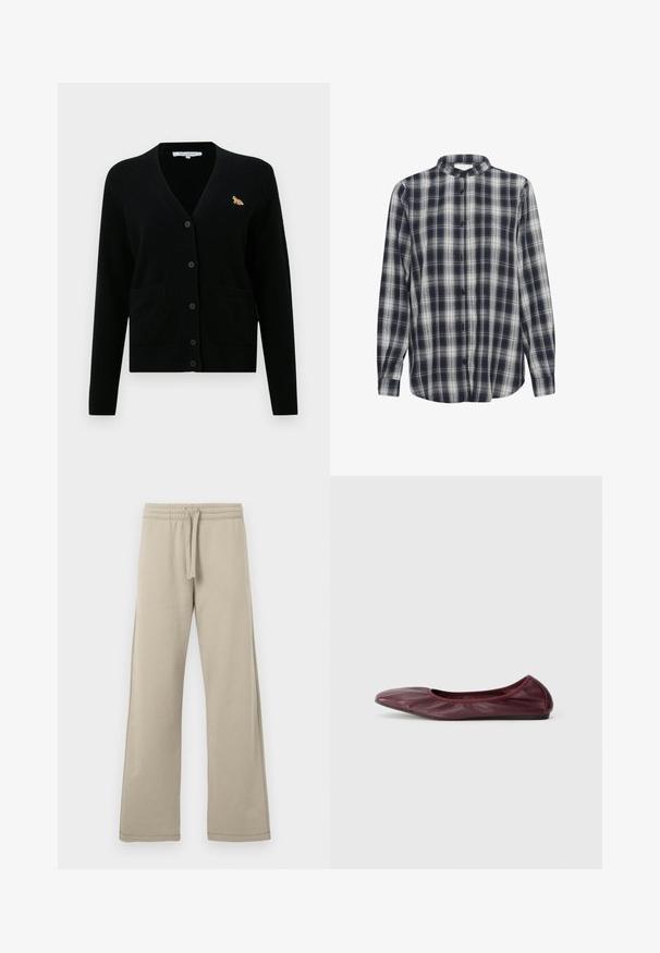 Czarny kardigan wykonany z miękkiego materiału, z dekoltem w serek, z przodu na guziki, dwoma kieszeniami z przodu i małym haftowanym detalem w postaci lisa na piersi.; Koszula z długim rękawem w granatowo-białą kratę, wykonana z flaneli, z kołnierzykiem mandaryńskim i czarnymi guzikami.; Beżowe spodnie o szerokich nogawkach, wykonane z miękkiego materiału, z elastyczną talią z troczkiem i szwami bocznymi dla luźnego fasonu.; Baletki w głębokim burgundowym skórze, z okrągłym noskiem, elastycznym brzegiem oraz gładką fakturą z delikatnym marszczeniem.