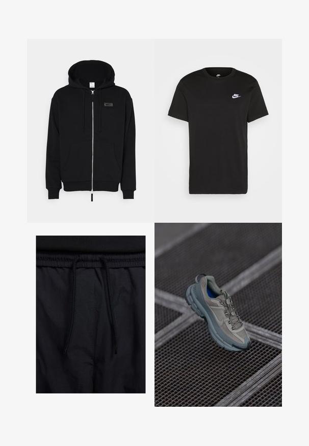 Svart hettegenser med glidelås laget av en bomullsblanding. Har ribbestrikkede mansjetter, en frontlomme med kenguru-design og et lite logo-patch på brystet.; Svart bomull T-skjorte med kort erm, rund hals, og en liten hvit Nike-logo på øvre venstre bryst. Myk tekstur. Klassisk passform.; Sorte shorts med snor i livet, lett stoff med en jevn tekstur, og et enkelt design uten synlige logoer eller mønstre.; Beige og grå idrettssko med strukturert nettingoverdel, rund tå og gummisåle, med lisser og polstret krage.