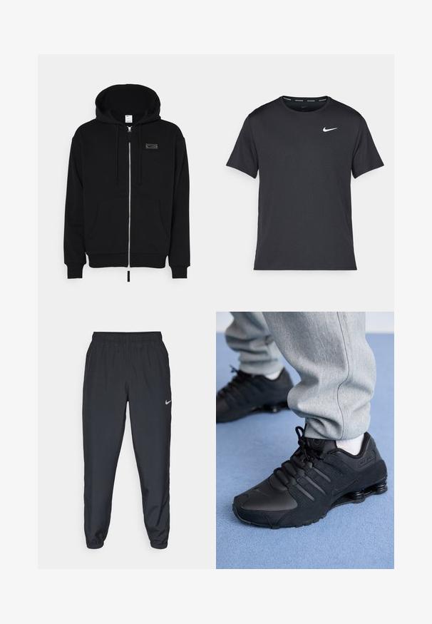 Zwarte zip-up hoodie gemaakt van een katoenmix. Beschikt over ribgebreide manchetten, een voorste kangaroezak en een klein logo-opdruk op de borst.; Zwarte Nike hardloop T-shirt gemaakt van lichtgewicht, ademend materiaal, met korte mouwen en een klein wit logo op de borst.; Zwarte trainingsbroek van lichtgewicht materiaal met een elastische tailleband, enkelmanchetten en een discreet Nike-logo aan de linkerkant.; Persoon in zwarte Nike Shox sneakers en een grijze joggingbroek staand op een lichtblauw tapijt.