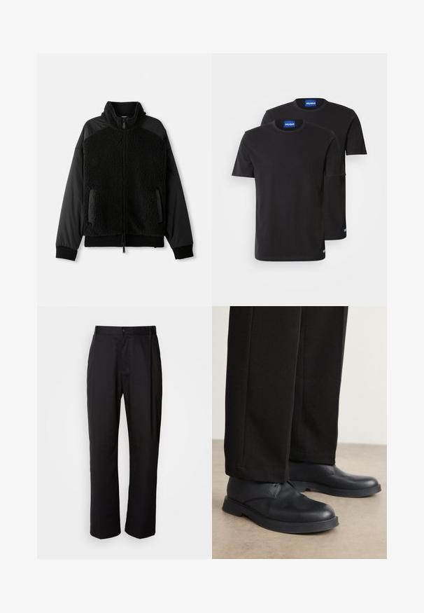 Schwarze Jacke mit durchgehendem Reißverschluss, die einen flauschigen Stoff am Körper und glattes Material an den Ärmeln aufweist, mit seitlichen Taschen und einem Kragen.; Zwei schwarze Baumwoll-T-Shirts mit Rundhals, kurzen Ärmeln und blauen "HUGO"-Labels an den Kragen und seitlichen Säumen.; Schwarze Hosen mit geradem Schnitt, aus leichtem Stoff gefertigt. Verfügt über einen vorderen Knopfverschluss und zwei seitliche Taschen; glatte Textur.; Schwarze Lederschuhe mit abgerundeter Zehe, flacher Sohle und minimalem Design. Kombiniert mit maßgeschneiderten schwarzen Hosen, die eine glatte Textur zeigen.